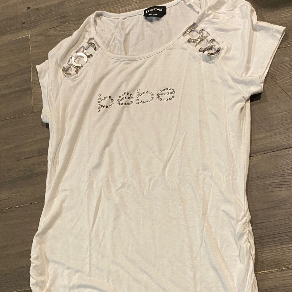 Bebe White Short Sleeve Top with Silver Accents